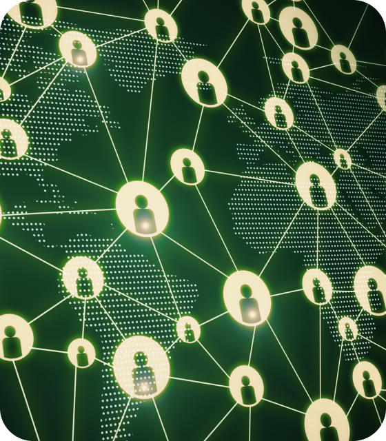 Een onderling verbonden web van gebruikersiconen toont dat gebruikers over de hele wereld toegang krijgen tot Usenet om deel te nemen aan lopende discussies en met elkaar te communiceren.
