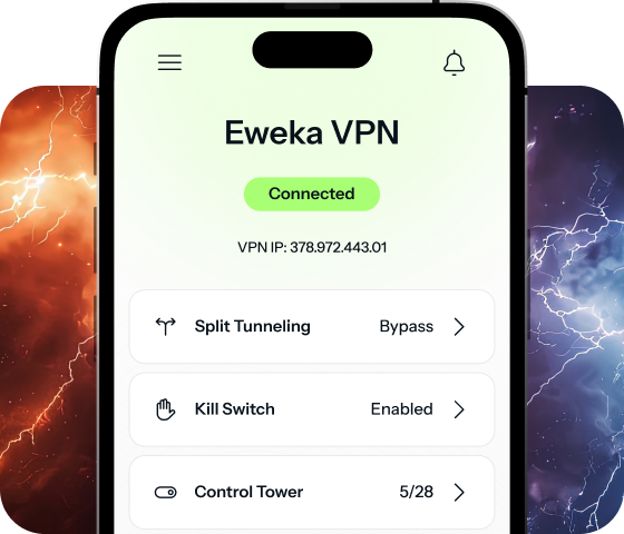An iPhone is positioned in front of images of lightning bolts to showcase how powerful and rugged Eweka’s VPN is for Usenet browsing and ongoing security.