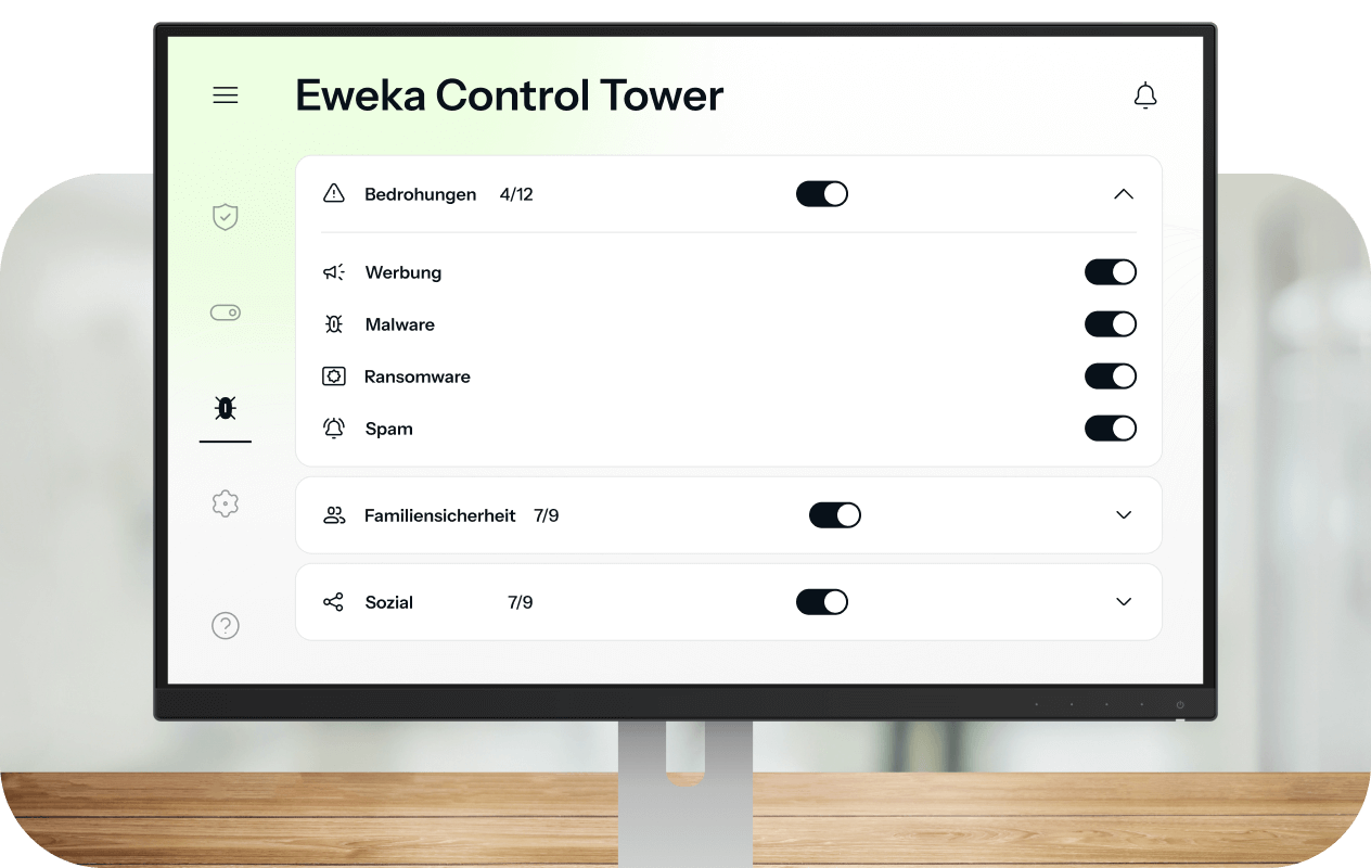 Ein Desktop-Computer ist im Control Tower-Panel des Eweka VPN geöffnet, das verschiedene Optionen zum Schutz vor Werbung und Malware anzeigt.