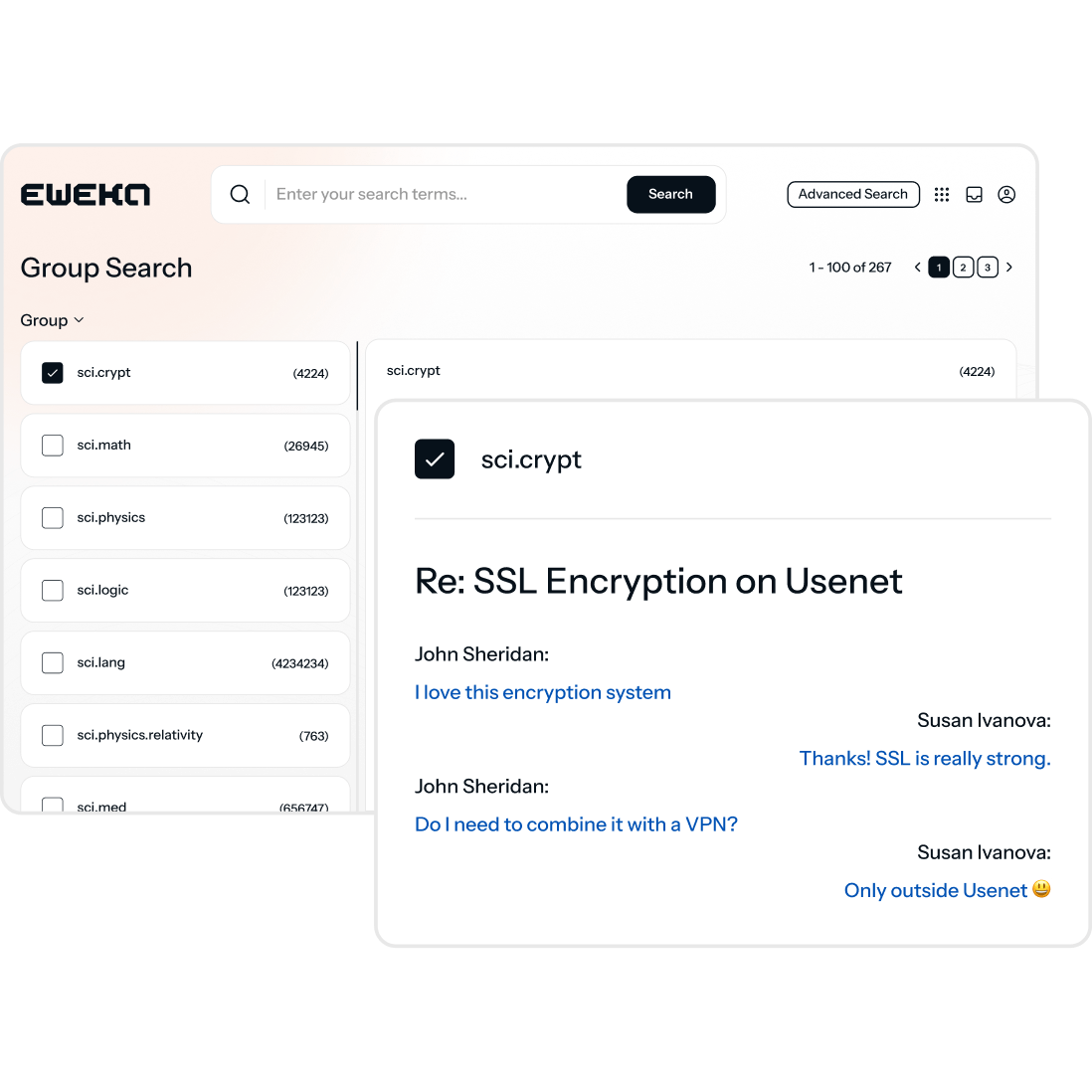A newsreader connected to Eweka, with a chat window open that shows a conversation between two users who are talking bout Usenet.