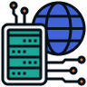 A green Usenet server with wires extending next to a blue globe.
