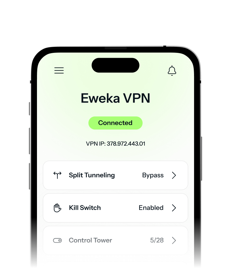 An iPhone showing the Eweka VPN homescreen with options for split tunneling, kill switch, and the Control Tower.