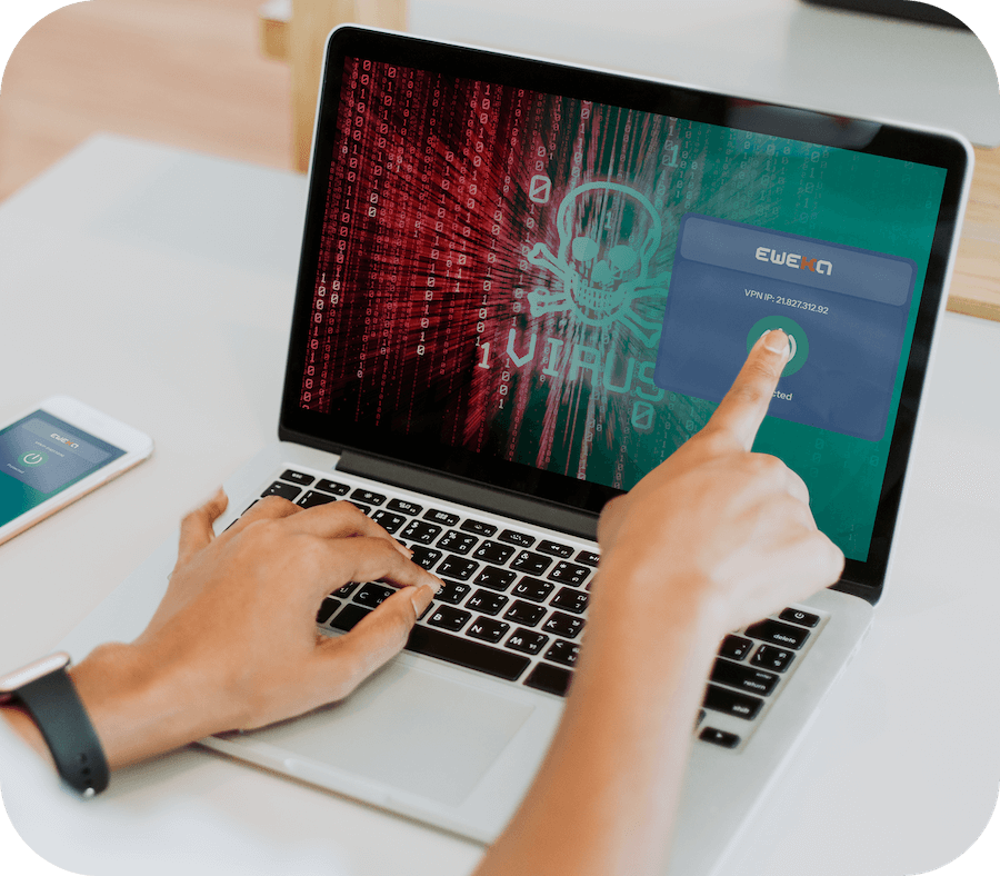 Ein Benutzer zeigt auf den Bildschirm eines geöffneten Laptops, um sein Gerät mit Ewekas sicherem VPN zu verbinden und erweiterten Bedrohungsschutz gegen Malware und andere Online-Sicherheitsrisiken zu erhalten.