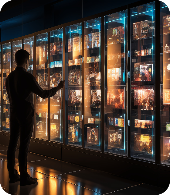 A man stands in front of a row of items in a curio cabinet, showcasing the way that Eweka users are able to access years of Usenet articles thanks to thousands of days' worth of article retention.