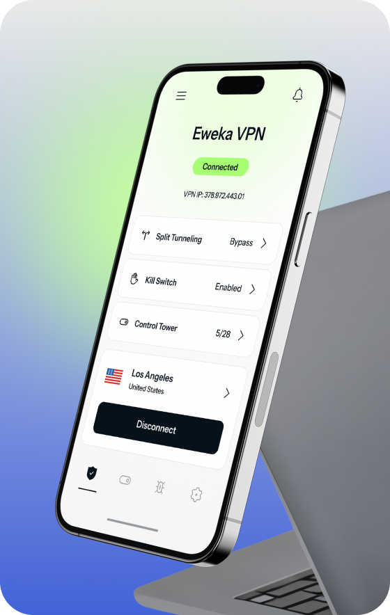 An iPhone shows the Eweka VPN home screen, with different settings activated for split tunneling, kill switch, and Control Tower.
