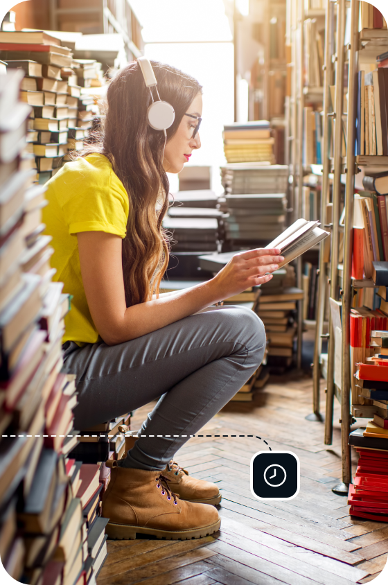 A woman wearing headphones and glasses sits surrounded by a stack of books, displaying the extensive Usenet archive available through Eweka Internet Services.