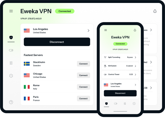 A tablet and a smartphone showing a user control panel for the secure Eweka VPN that displays different cities to connect to.