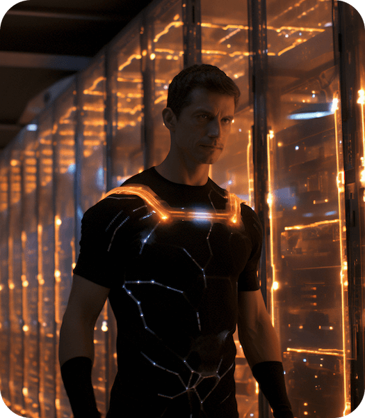 Ein Mann geht durch einen Serverraum, der mit digitalen Linien überzogen ist, die anzeigen, dass er von Ewekas sicheren DNS-Servern profitiert.