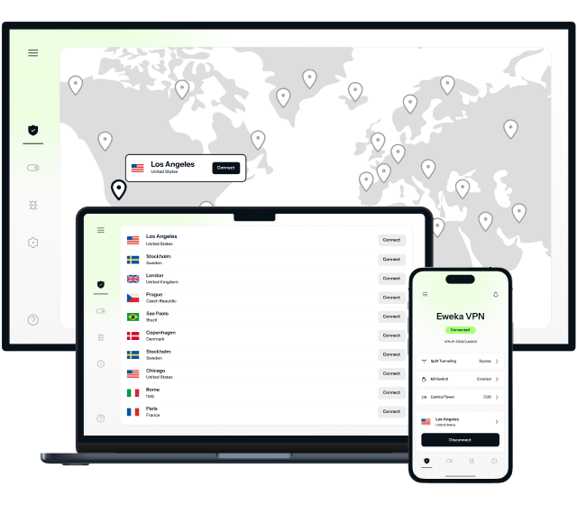 A desktop computer monitor, a laptop computer, and an iPhone are all open to different areas of Eweka’s VPN software, including a map of secure global servers, a list of those VPN servers in different countries, and the landing area of the VPN which gives access to different security features for Usenet.