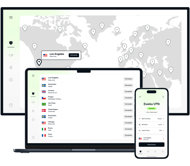 Un moniteur d’ordinateur de bureau, un ordinateur portable et un iPhone sont tous ouverts sur différentes sections du logiciel VPN d’Eweka, y compris une carte des serveurs sécurisés dans le monde, une liste de ces serveurs VPN dans différents pays et la page d’accueil du VPN qui donne accès à différentes fonctionnalités de sécurité pour Usenet.