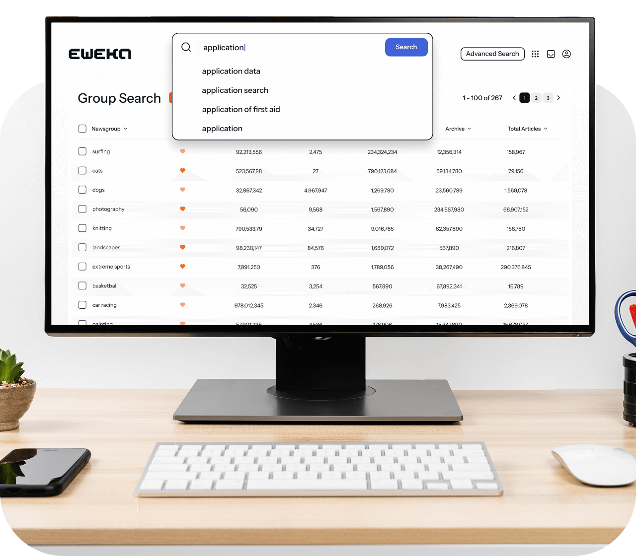 A desktop computer open to a newsreader connected to Eweka, searching for applications that are available on Usenet.