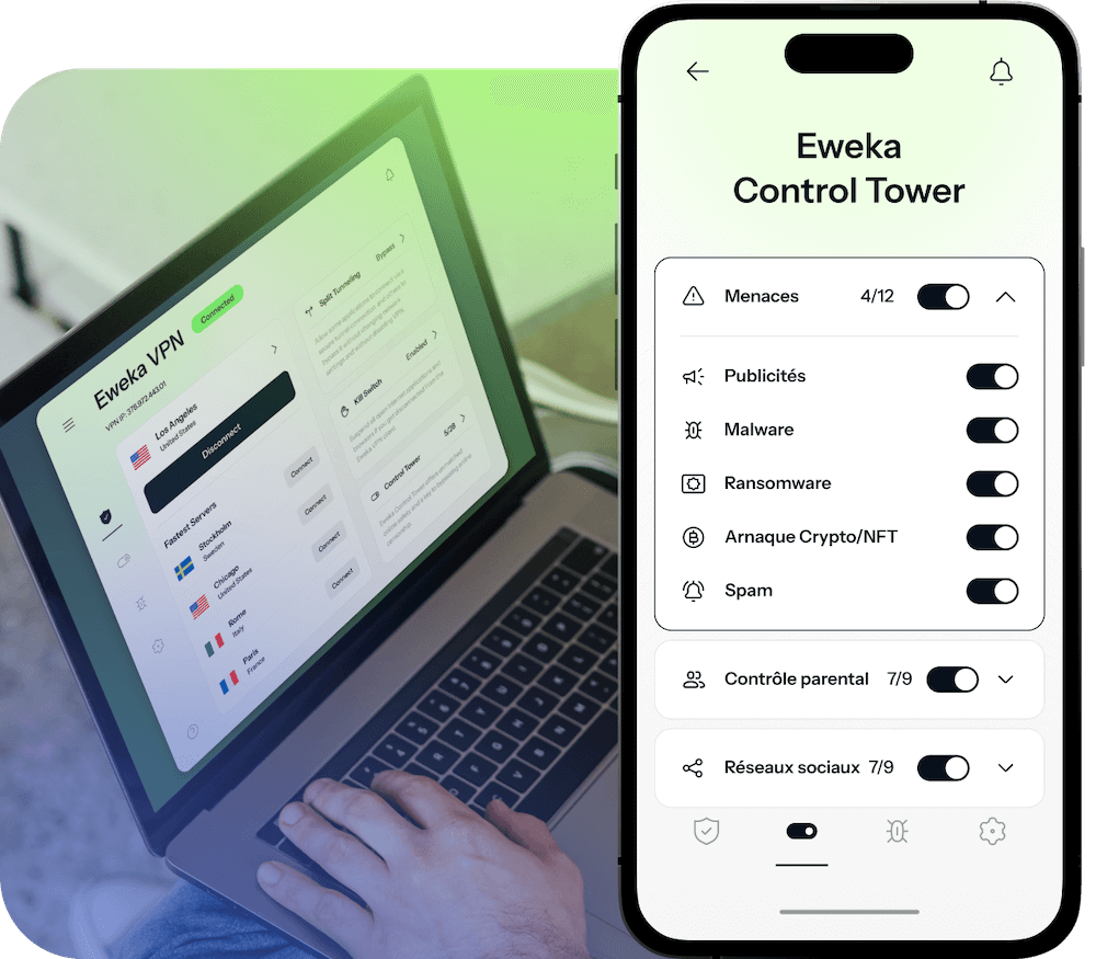 Un ordinateur portable et un iPhone sont tous deux ouverts sur le VPN d’Eweka, affichant la fonctionnalité Control Tower qui offre un accès aux paramètres premium de protection contre les menaces, garantissant une sécurité continue contre les risques comme les malwares et les attaques de phishing.