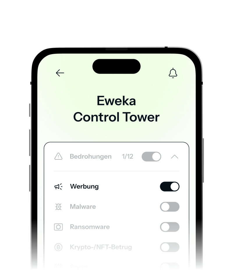 Ein iPhone zeigt den Startbildschirm des Eweka VPN, auf dem die Option zum Blockieren von Werbung aktiviert ist, um zusätzlichen Schutz vor Pop-ups zu bieten.