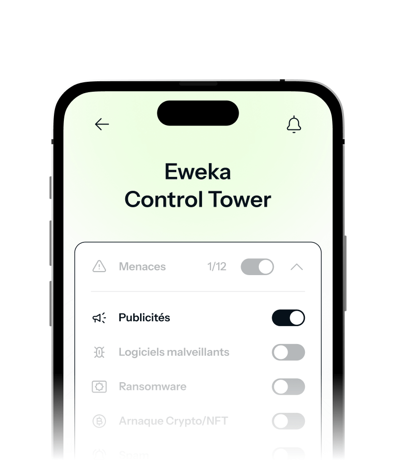 Un iPhone affiche l’écran d’accueil du VPN Eweka où l’option de blocage des publicités est activée pour une protection supplémentaire contre les pop-ups.