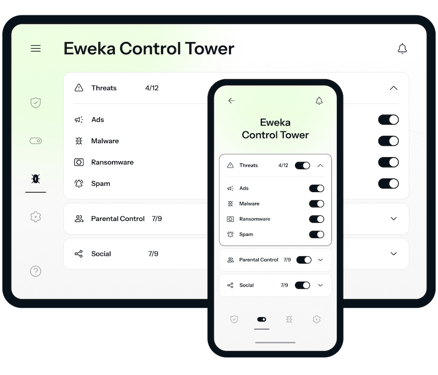 A tablet and an iPhone showing the Eweka Control Tower, accessible through the Eweka VPN, which is activated and displays different controls for maximizing online security.