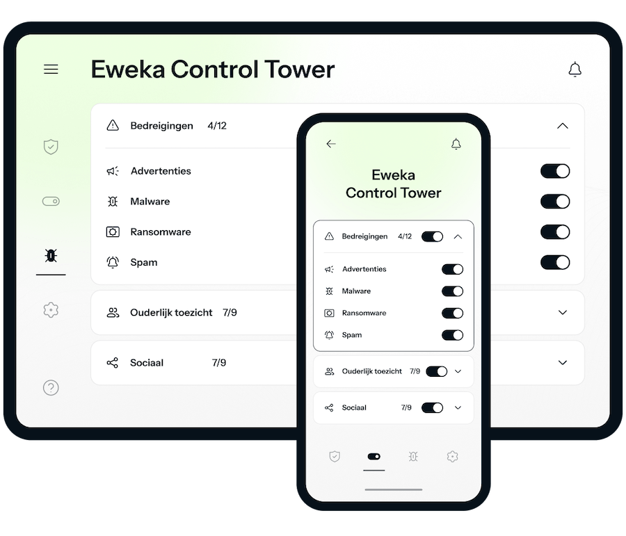 Een tablet en een iPhone tonen de Eweka Control Tower, toegankelijk via de Eweka VPN, die is geactiveerd en verschillende besturingselementen weergeeft om online veiligheid te maximaliseren.