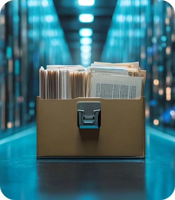A box of files sitting in a server room, showcasing the large archive of Usenet posts, articles, and discussions that Eweka offers access to.