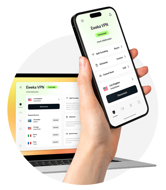 An open laptop and a hand holding a smartphone display the powerful Eweka VPN.