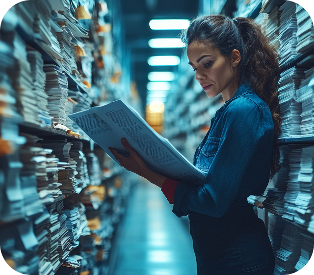 A woman standing in a file room, looking at a document to symbolize the way that Usenet users can find what they’re looking for thanks to Eweka’s extensive Usenet article retention rates.