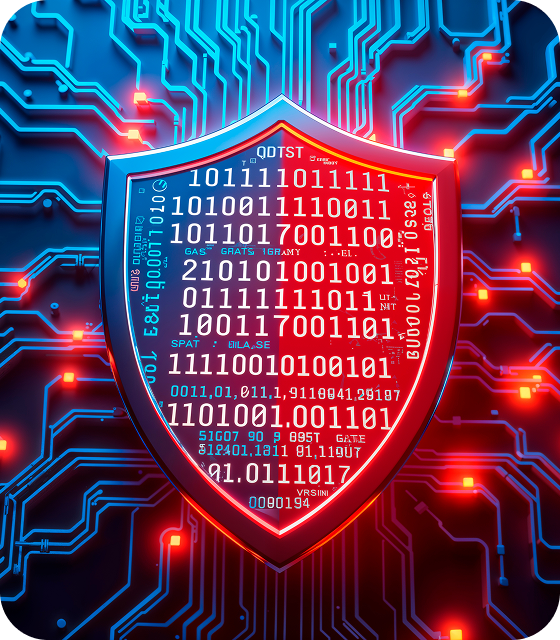 A design of a digital shield with numbers across the front, showcasing Eweka’s ongoing security and privacy measures through features like secure Usenet servers, a powerful VPN, and more.