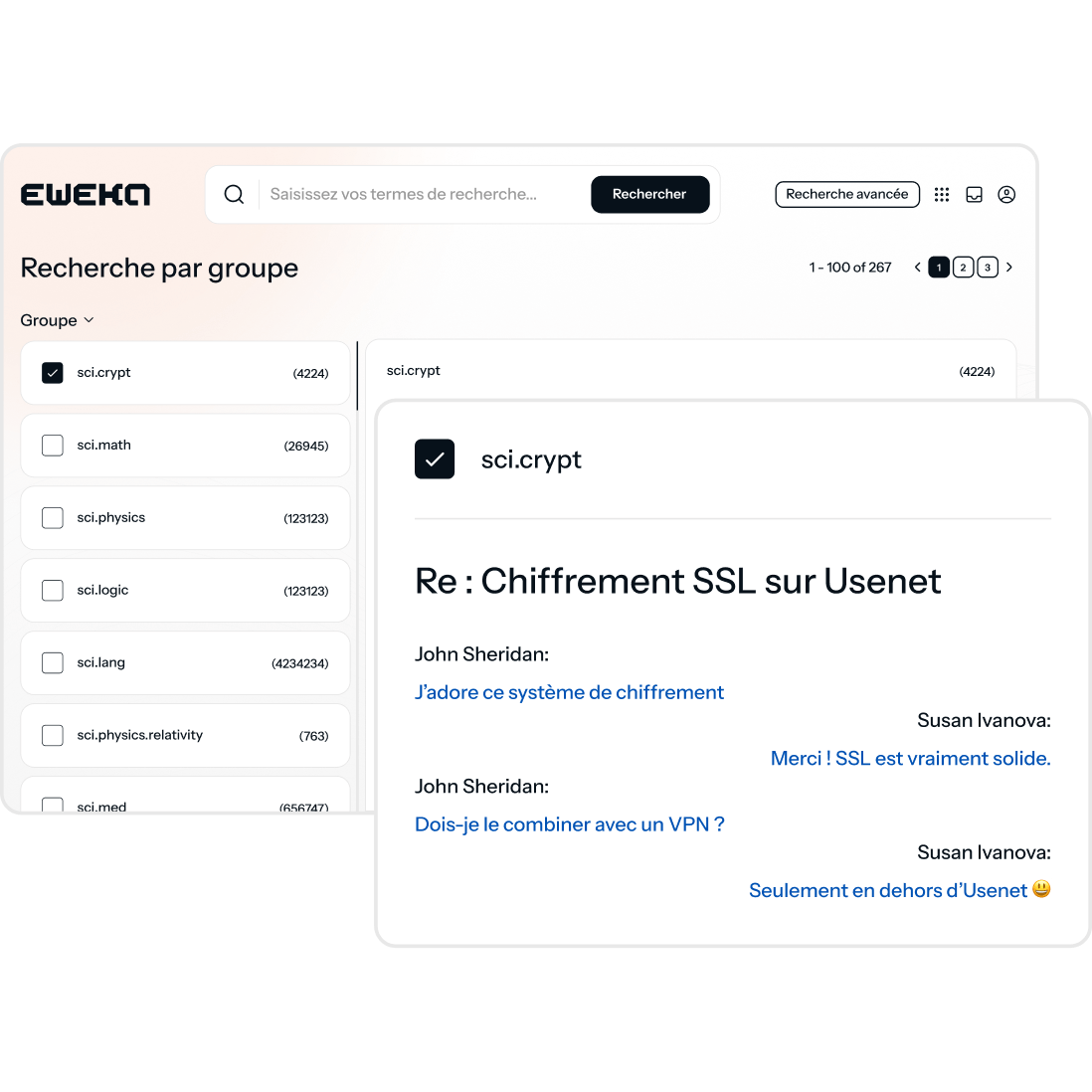 Un lecteur de news connecté à Eweka, avec une fenêtre de chat ouverte montrant une conversation entre deux utilisateurs qui parlent d’Usenet.