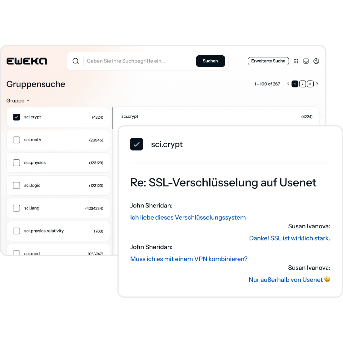 Ein mit Eweka verbundener Newsreader mit einem geöffneten Chatfenster, das ein Gespräch zwischen zwei Nutzern zeigt, die über Usenet sprechen.