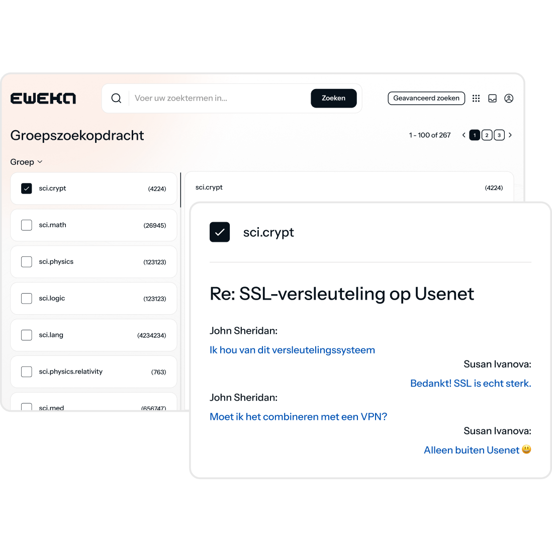 Een newsreader verbonden met Eweka, met een chatvenster open dat een gesprek toont tussen twee gebruikers die praten over Usenet.