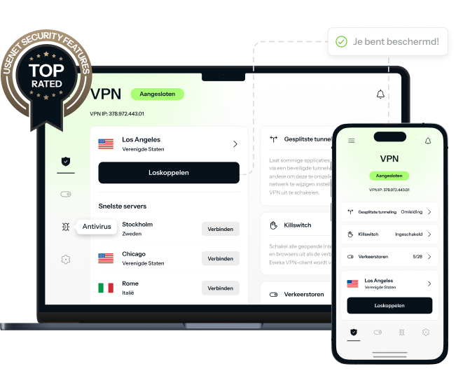 A laptop and an iPhone showing the powerful Eweka VPN connected to a secure server next to an award badge that says, “Top Rated - Usenet Security Features”