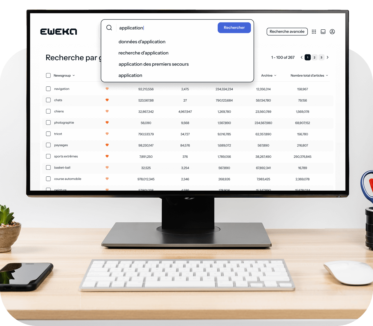 Un ordinateur de bureau ouvert sur un lecteur de news connecté à Eweka, recherchant des applications disponibles sur Usenet.