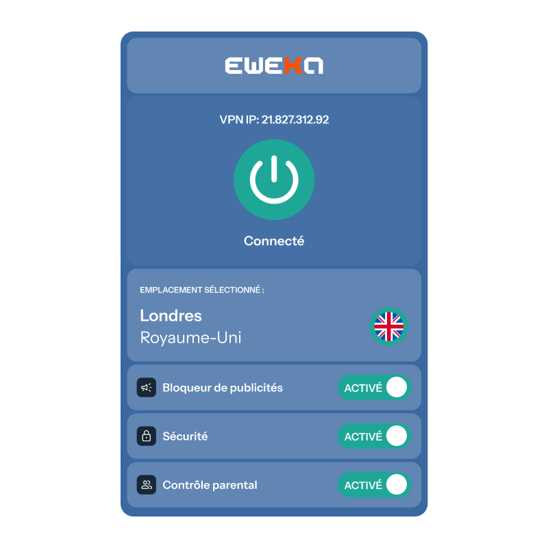 Une capture d’écran du VPN d’Eweka connecté à un serveur sécurisé à Londres, Royaume-Uni.