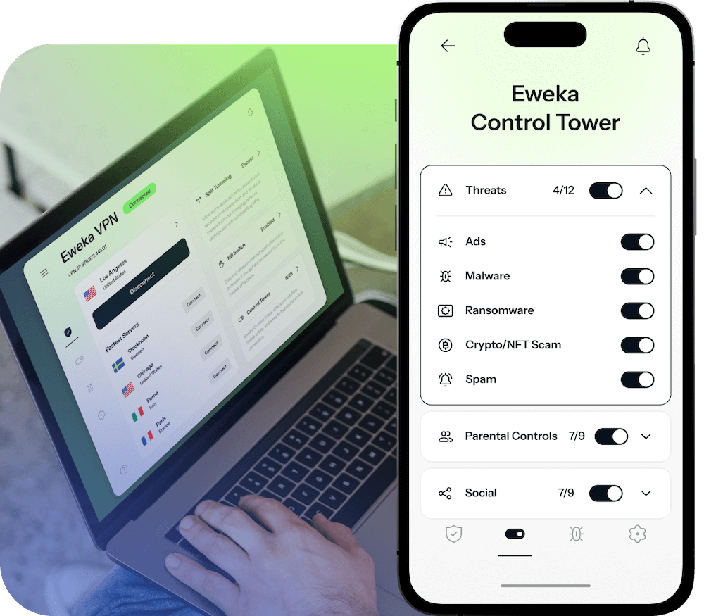A laptop and an iPhone are both open to the Eweka VPN showing the Control Tower feature which offers access to premium threat protection settings, ensuring ongoing security against risks like malware and phishing attacks.