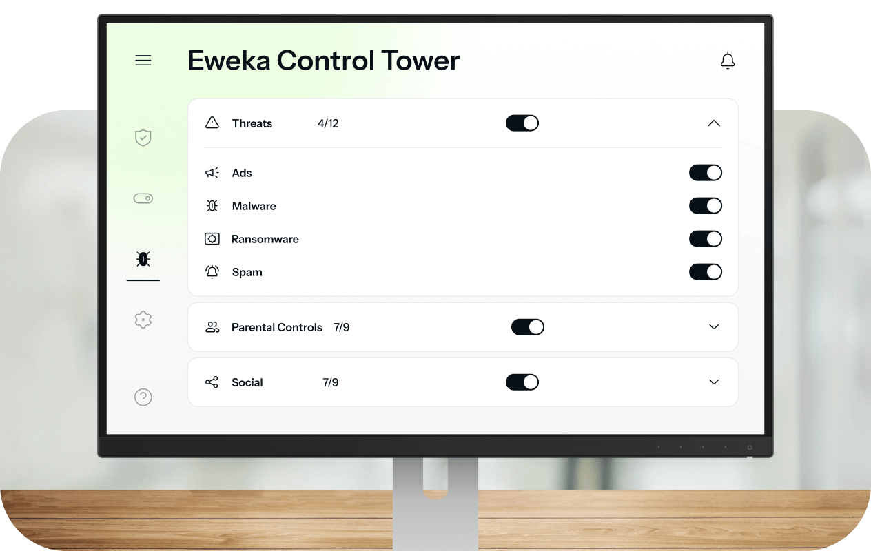 A desktop computer is open to the Eweka VPN’s Control Tower panel, which shows different options for protection against ads and malware.