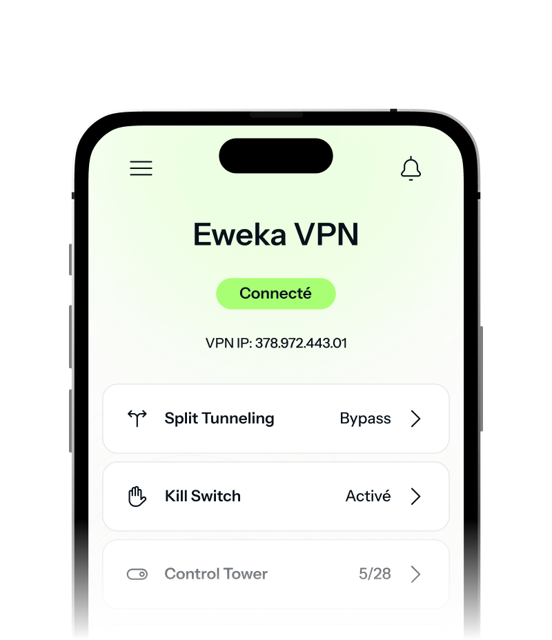 Un iPhone affiche l’écran d’accueil du VPN Eweka avec des options pour le split tunneling, le kill switch et la Control Tower.