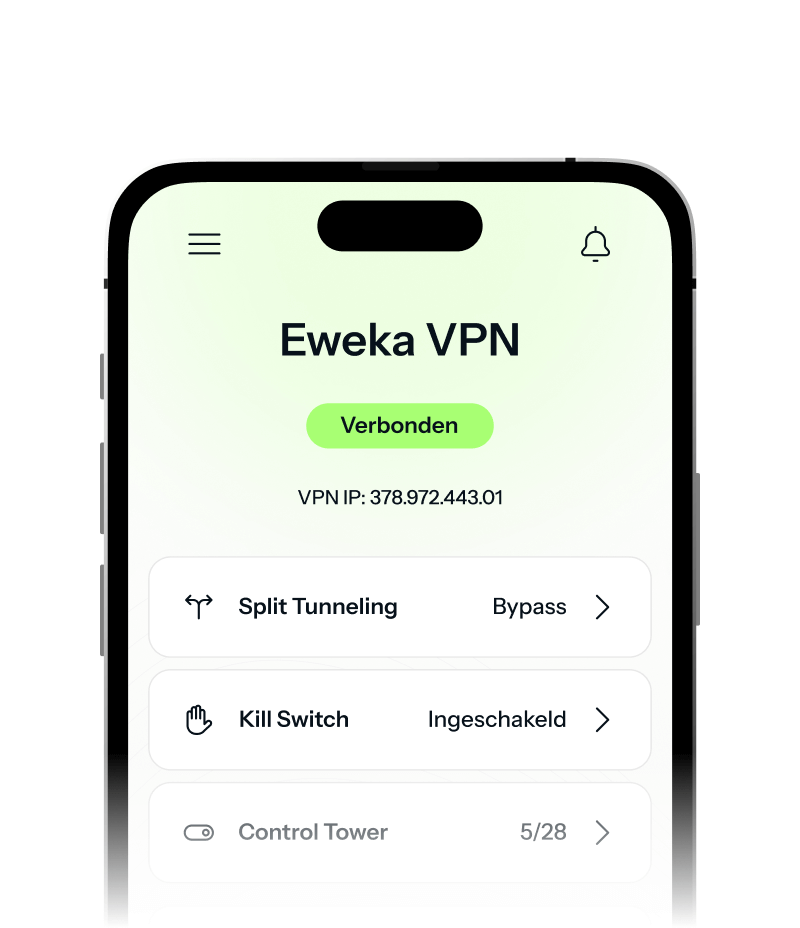 Een iPhone toont het Eweka VPN-startscherm met opties voor split tunneling, kill switch en de Control Tower.