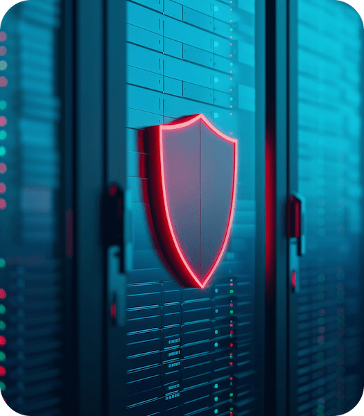 Un bouclier de sécurité se trouve devant une rangée de serveurs DNS, affichant la puissante sécurité offerte par Eweka Internet Services.