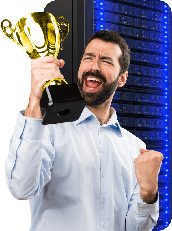A man standing near a Usenet server holding up a golden trophy excitedly, showcasing Eweka’s industry-leading and award-winning Usenet service.