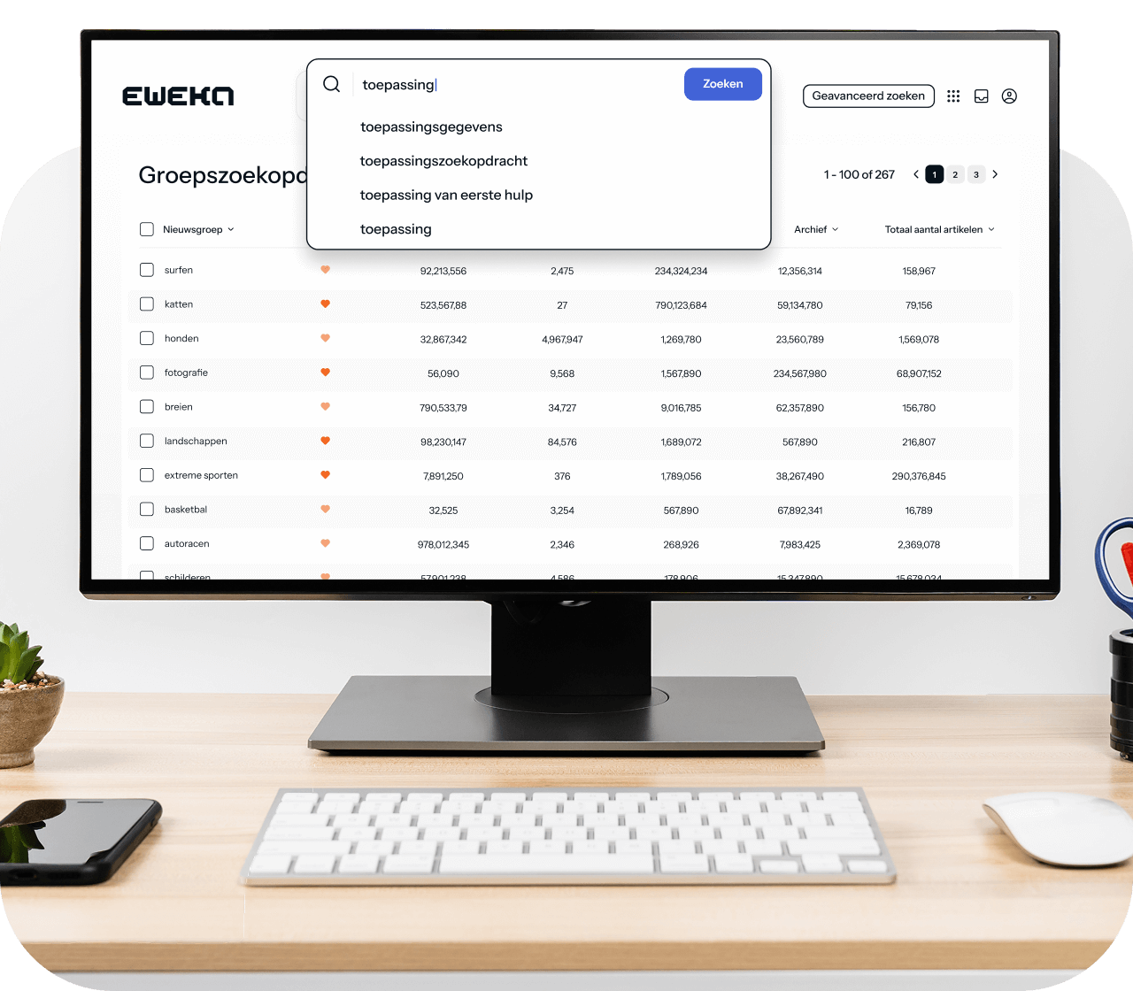 Een desktopcomputer geopend op een newsreader verbonden met Eweka, die zoekt naar applicaties die beschikbaar zijn op Usenet.