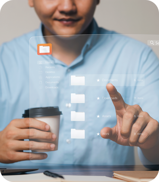 A person points at a digital pop-up, browsing through information in an archive similar to the way that Eweka users can access articles from their Usenet database.