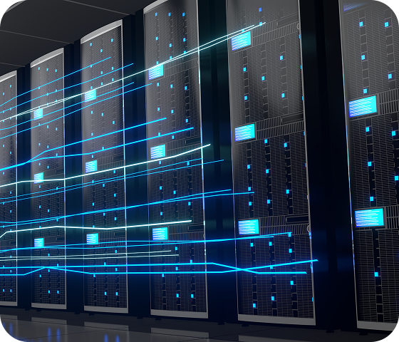 Une rangée de serveurs Usenet est recouverte de lignes de vitesse pour indiquer qu’Eweka offre le service Usenet le plus rapide et le plus fiable.