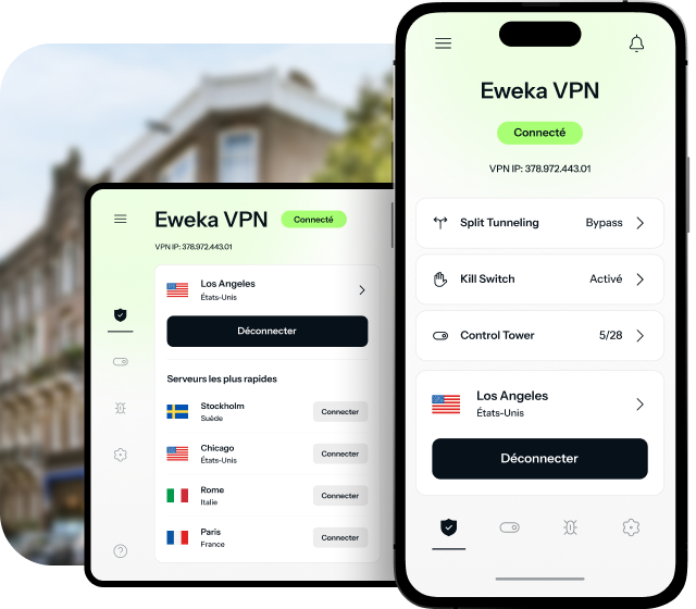 Une tablette et un iPhone sont ouverts sur le VPN d’Eweka, montrant qu’ils sont connectés et protégés grâce à des fonctionnalités comme le split tunneling, le kill switch et Control Tower, qui offre le blocage des publicités et la protection contre les menaces.