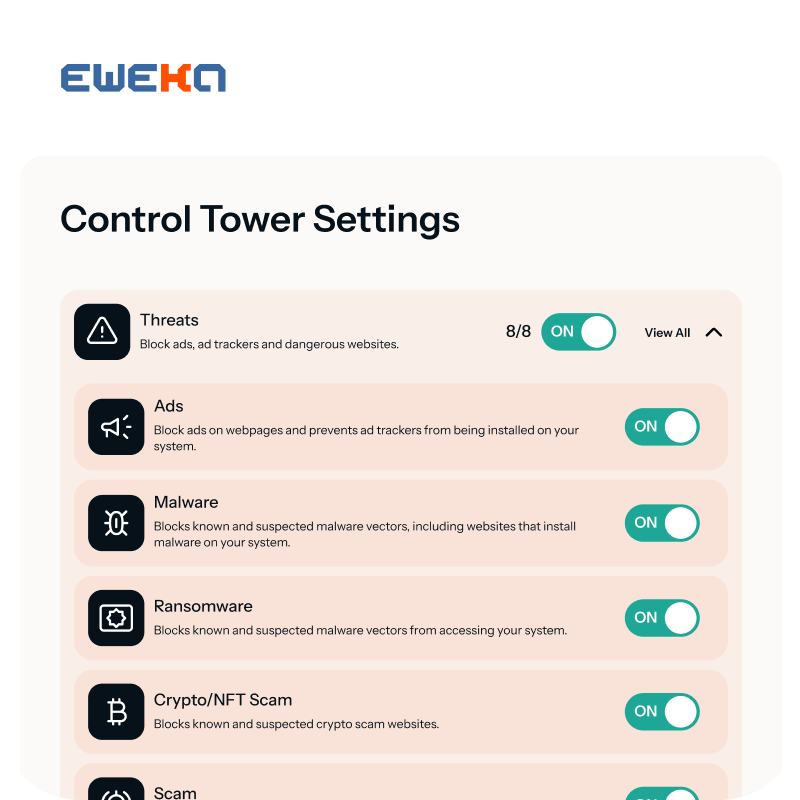 Another screen shot of the Control Tower settings in Eweka’s secure VPN, this time showing a list of additional options beneath the threat protection settings, including blocking ads, stopping malware, stopping ransomware, and blocking crypto/NFT scams.