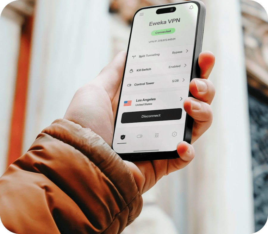 A person holding an iPhone is accessing Eweka’s secure VPN, which offers split tunneling, ad blocking, and protection against online threats for enhanced privacy and security.