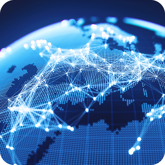 A closeup of a globe made of blue dots with a network of white lines connected with white dots at the vertices laid over it.