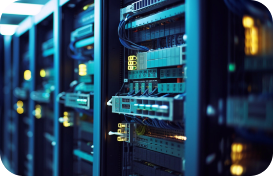 Een rij serverracks in een datacenter.