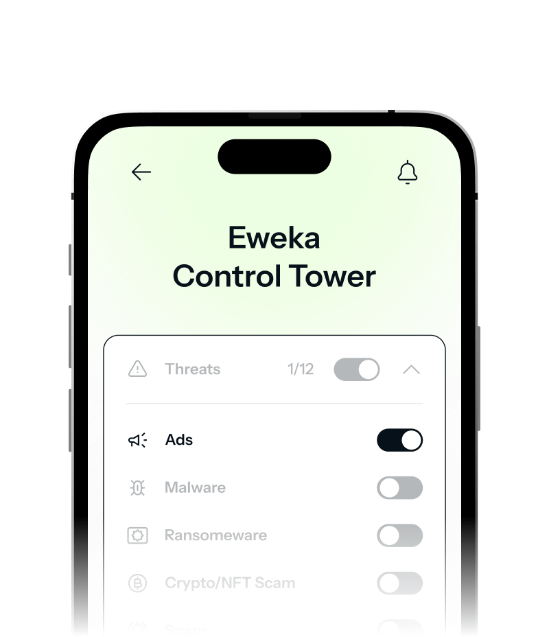 An iPhone showing the Eweka VPN homescreen where the option to block ads is toggled on for added protection against pop-ups.