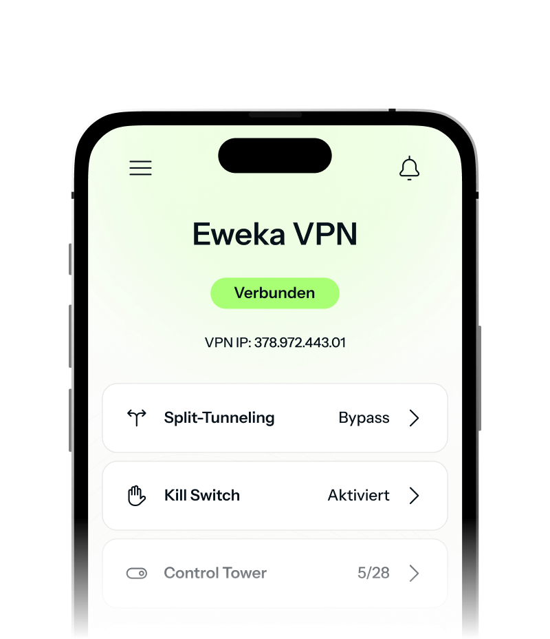 Ein iPhone zeigt den Startbildschirm des Eweka VPN mit Optionen für Split Tunneling, Kill Switch und den Control Tower.