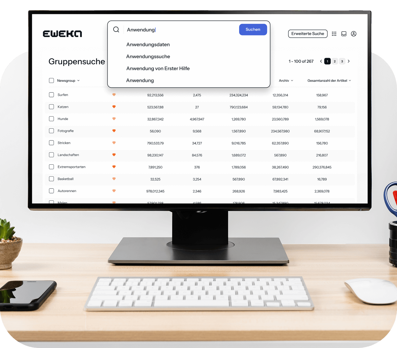 Ein Desktop-Computer, der einen Newsreader geöffnet hat, der mit Eweka verbunden ist und nach Anwendungen sucht, die auf Usenet verfügbar sind.