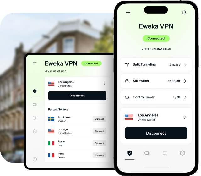 A tablet and an iPhone are open to the Eweka VPN, showing that they are connected and protected thanks to features like split tunneling, kill switch, and Control Tower, which offers ad blocking and threat protection.
