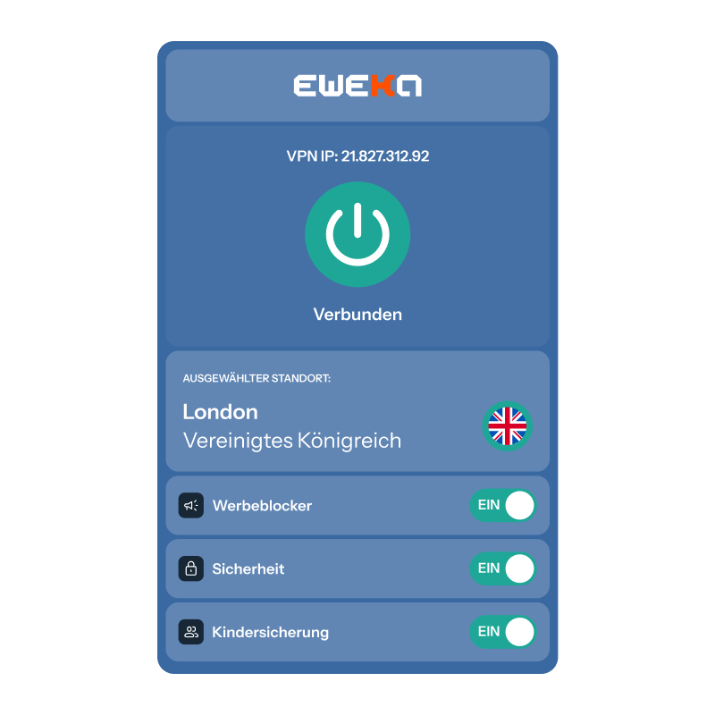 Ein Screenshot des Eweka VPN, das mit einem sicheren Server in London, Vereinigtes Königreich, verbunden ist.