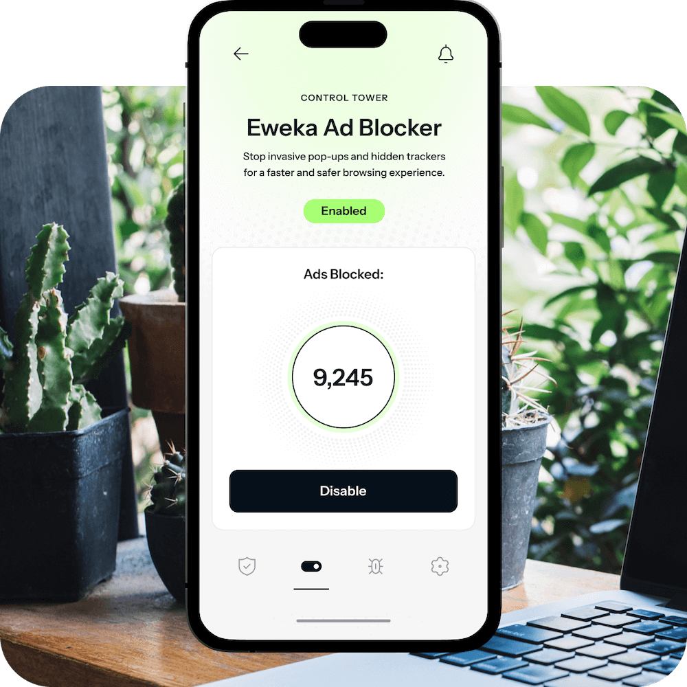 An image of an iPhone near a desk showing the Eweka Ad Blocker tool, which is enabled on the device and has blocked 9,245 threats so far.